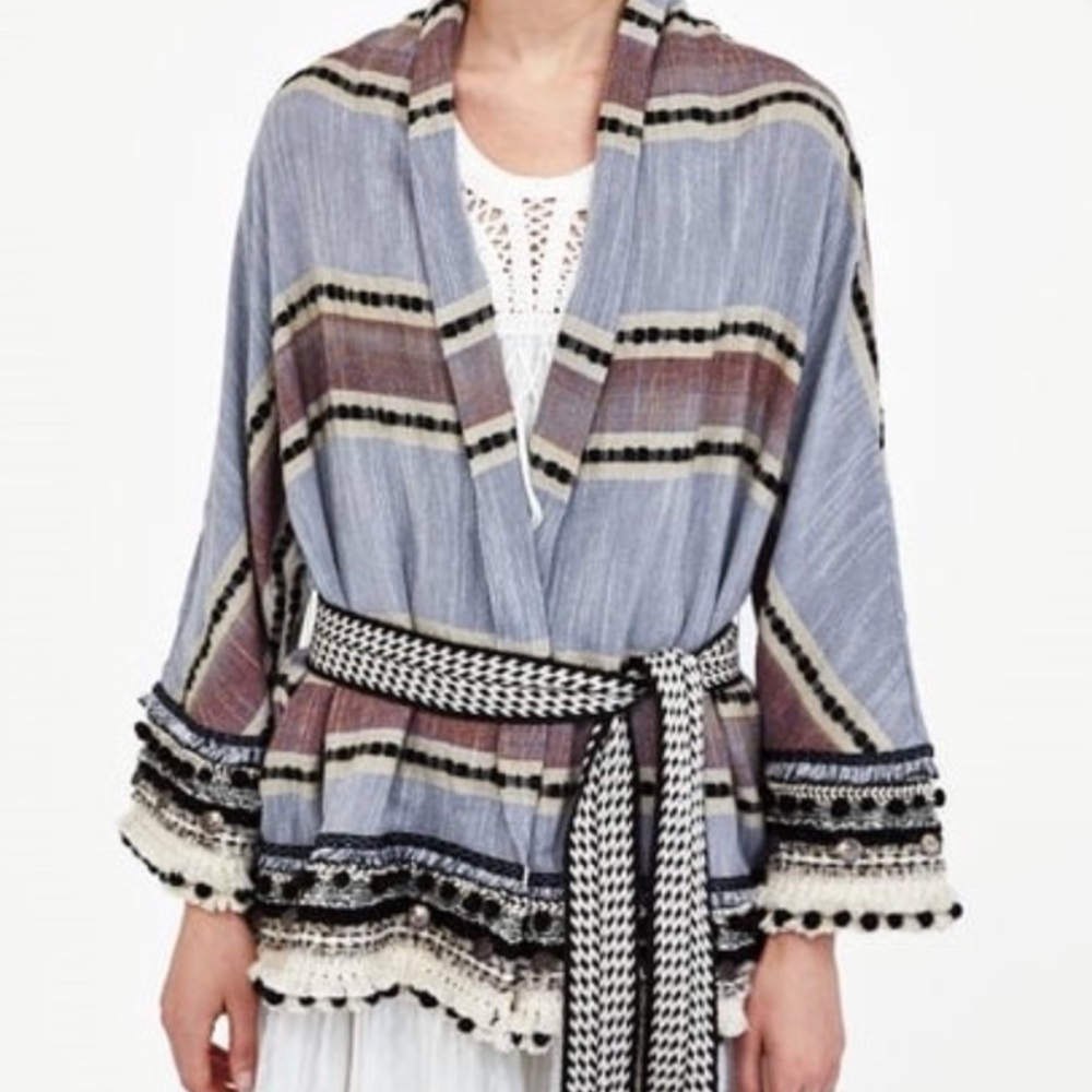 ZARA Stripe Kimono with Pom Poms